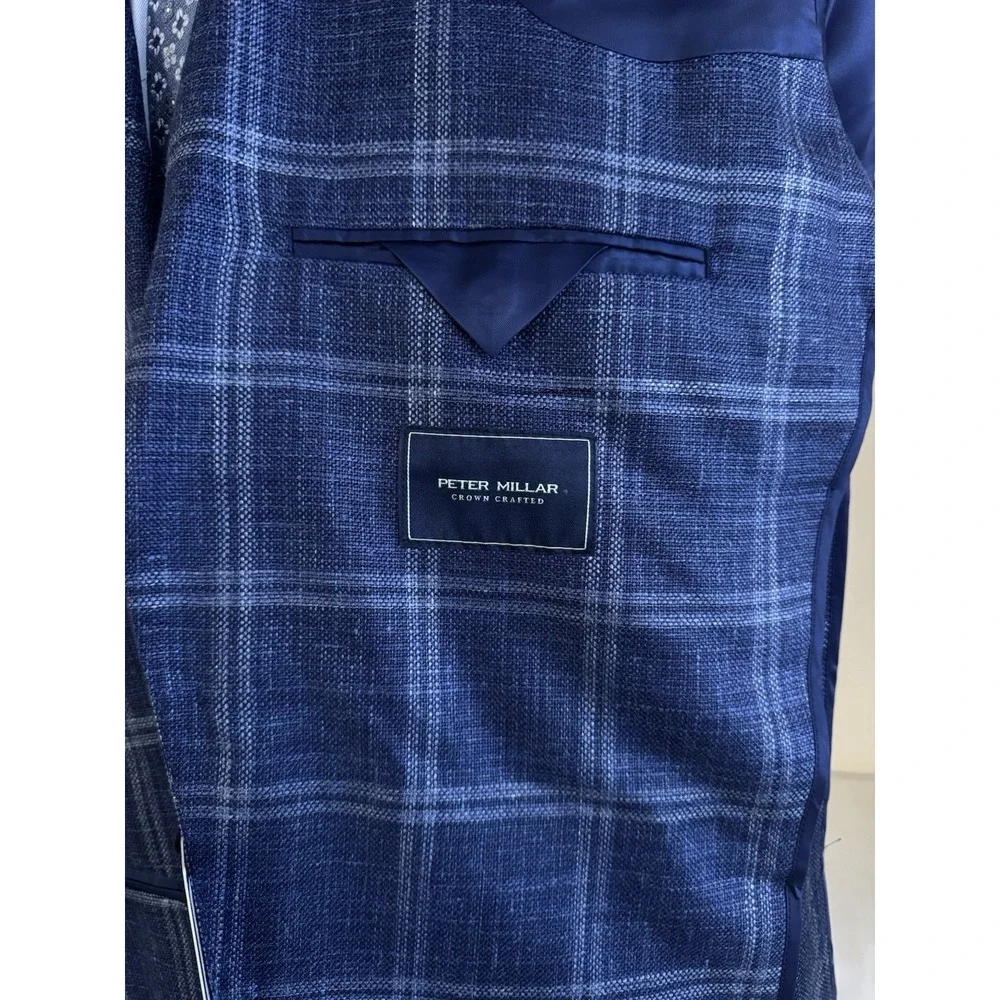 NWT Peter Millar Sport Coat Blazer Wool Silk Linen ATL‎ Blue Plaid 44 Long $1295
